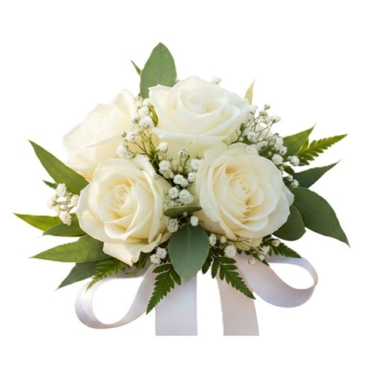 White rose corsage bouquet with greenery and white ribbon, elegant wedding floral arrangement.